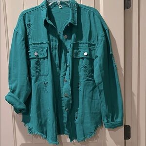 Teal Distressed Button-Up Shirt